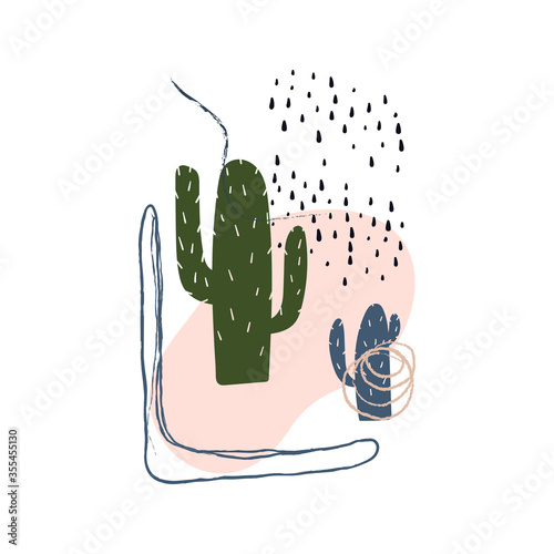 Cactus abstract art with lines and shapes. Hand drawn flat style trendy illustration for print, wall art, poster, banner etc.