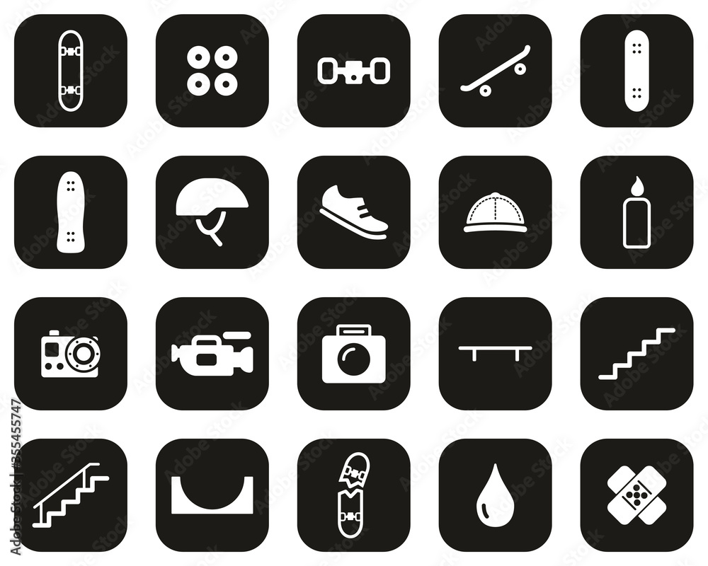 Skateboarding Extreme Sport & Equipment Icons White On Black Flat Design Set Big