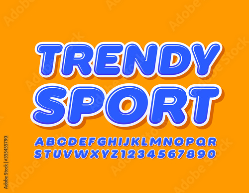 Vector bright emblem Trendy Sport. Blue Glossy Font. Modern ALphabet Letter and Numbers