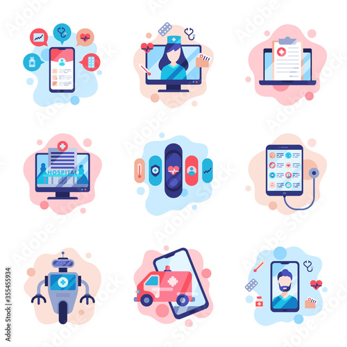 Modern Healthcare Technologies Set, Online Medical Consultation Mobile Apps, Telemedicine Service, Flat Style Vector Illustration