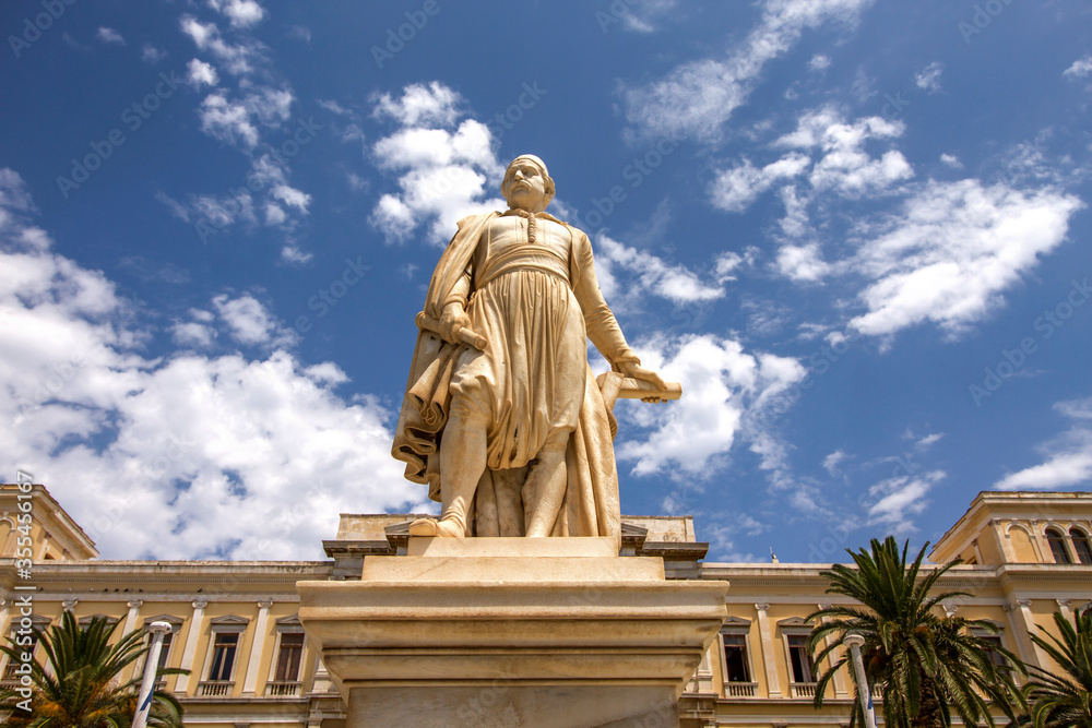Statue of the Greek national hero, admiral Andreas Miaoulis, in the Town Hall square of Ermoupolis, Syros island, Greece.