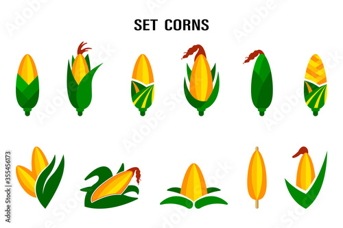 Qualitative original trendy vector set with sweet golden corn. Design elements of a summer farm