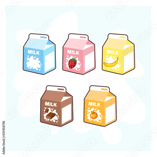 Cute cartoon milk box. strawberry, chocolate , banana , orange and regular milk. Isolated vector clip art illustration set.