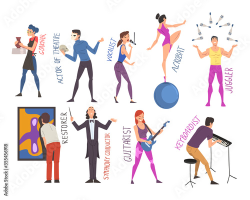 People of Creative Professions Set, Ceramist, Actor, Vocalist, Acrobat, Juggler, Restorer, Symphony Conductor, Guitarist, Keyboardist Cartoon Style Vector Illustration