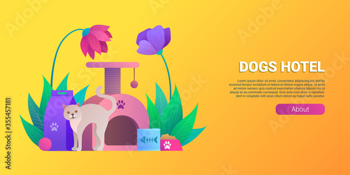Cats hotel cartoon horizontal banner. Pet daycare service vector illustration. Welcoming place for animals banners. Comfortable accommodation, playtime, exercise and healthy meals concept