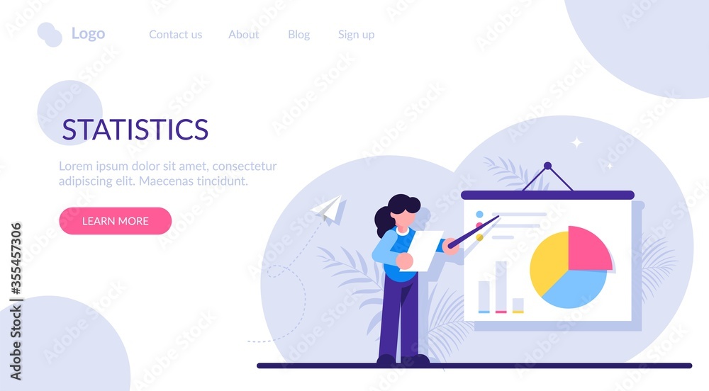 Fototapeta premium Concept of business statistics, financial data demonstration, statistical research. Businesswoman, manager, clerk, office worker making presentation at whiteboard with pie chart. Flat illustration.