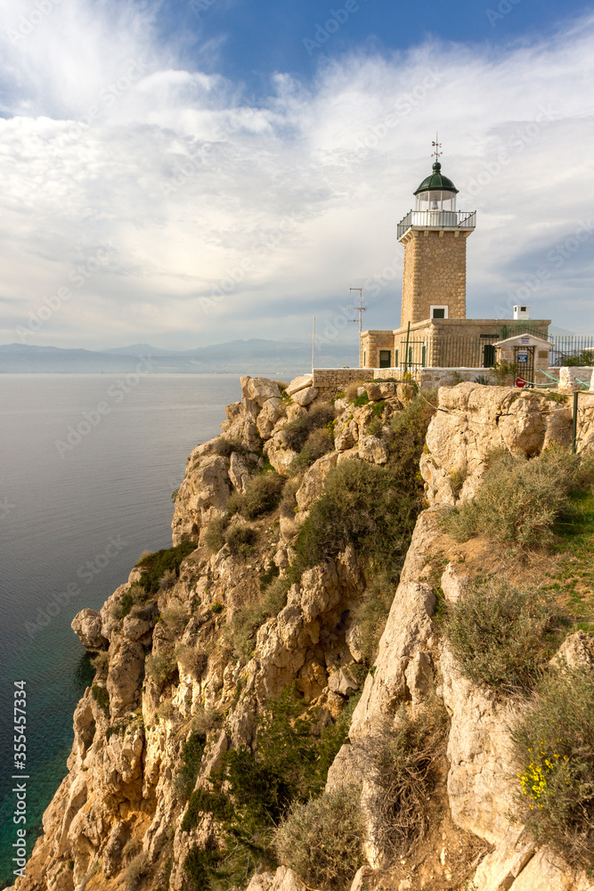 The lighthouse at Cape Melagkavi, at the Corinthian gulf, in continental Greece, Europe.