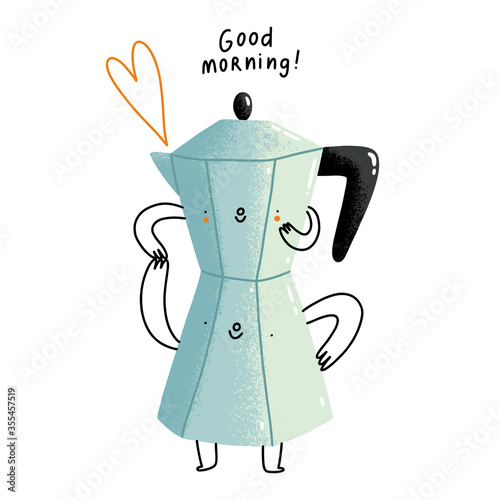 Good morning, cute cartoon coffee pot, vector illustration