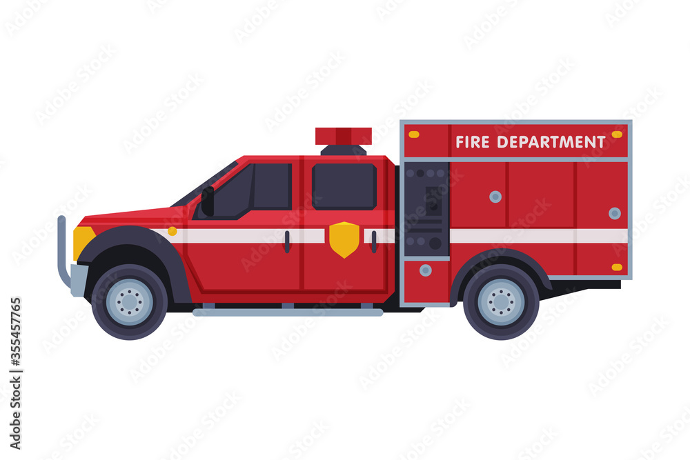 Red Fire Engine, Emergency Service Rescue Vehicle Flat Style Vector Illustration on White Background Red Fire Engine, Emergency Service Rescue Vehicle Flat Style Vector Illustration on White Background