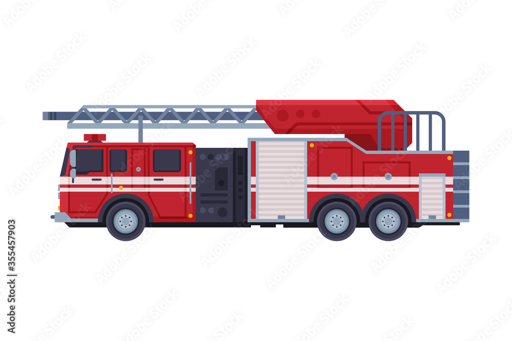 Red Engine Fire Truck with Ladder, Emergency Service Firefighting Vehicle Flat Style Vector Illustration on White Background