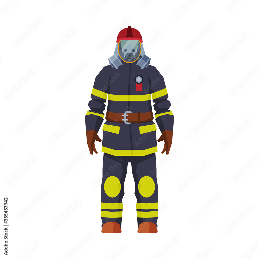 Rescue Firefighter, Fireman Character in Oxygen Mask and Black Uniform Flat Style Vector Illustration on White Background Rescue Firefighter, Fireman Character in Oxygen Mask and Black Uniform Flat Style Vector Illustration on White Background