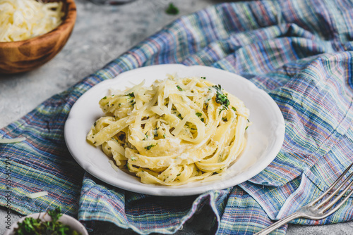 Photos Portion of Homemade Fettuccine with Alfredo Sauce