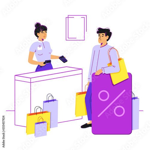 A tired guy with a bunch of purchases and a huge plastic discount card is standing at the checkout. He is not comfortable holding purchases and a plastic card at the same time.