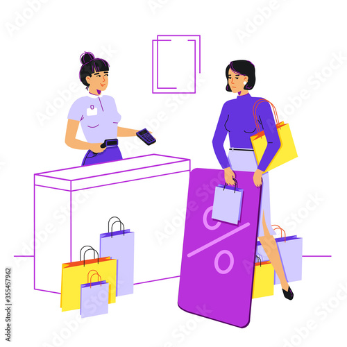 A tired girl with a bunch of purchases and a huge plastic discount card is standing at the checkout. The woman is upset. She is uncomfortable holding purchases and a plastic card at the same time.