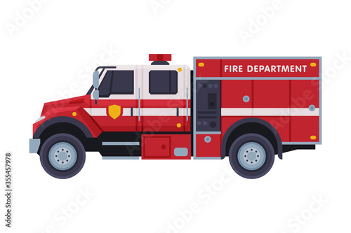 Valokuvatapetti Fire Engine, Emergency Service Firefighting Vehicle Flat Style Vector Illustrati