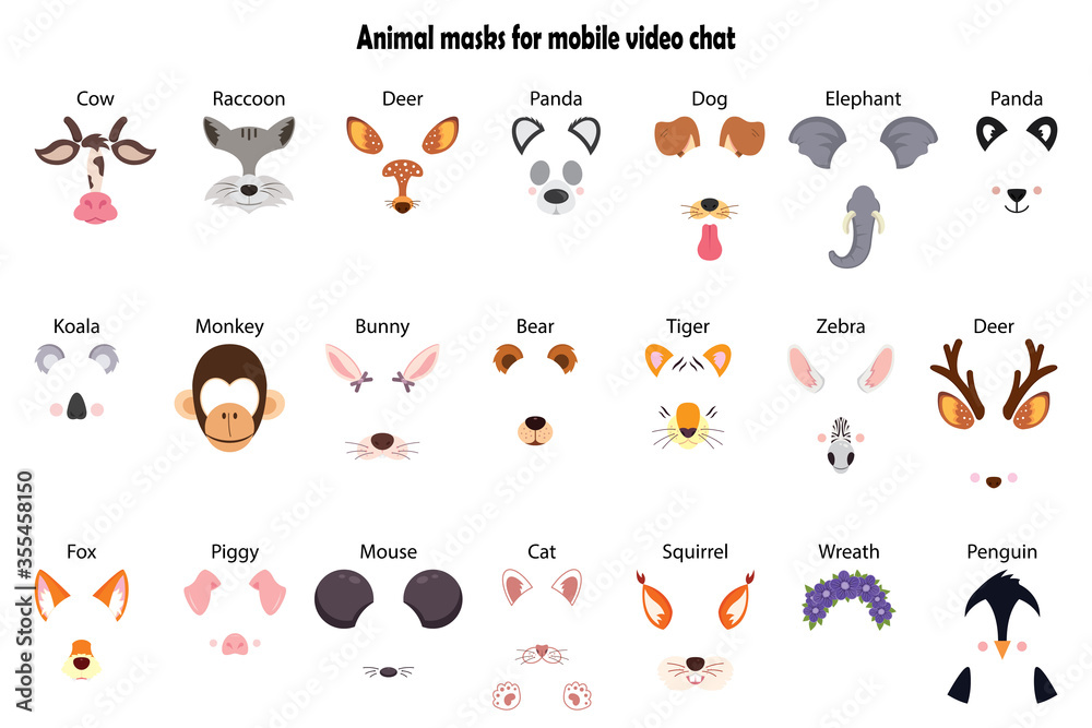 A collection of video chat application effects. A bunch of cute and funny faces or masks of various animals. Colorful vector illustration