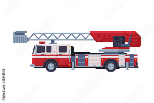 Fire Truck with Ladder, Emergency Service Firefighting Vehicle Flat Style Vector Illustration on White Background
