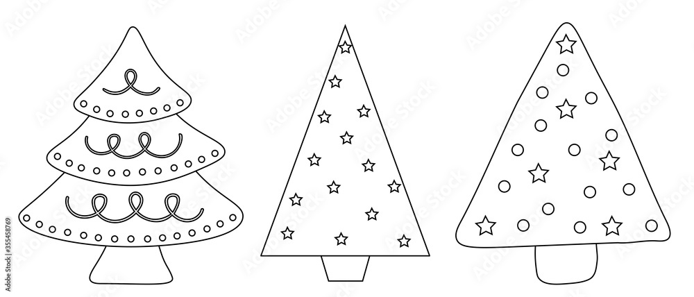 Set of Christmas trees vegetables vector black and white coloring