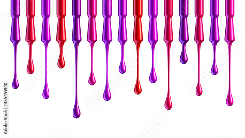 Pink red and purple nail polish dripping from brushes isolated on white background
