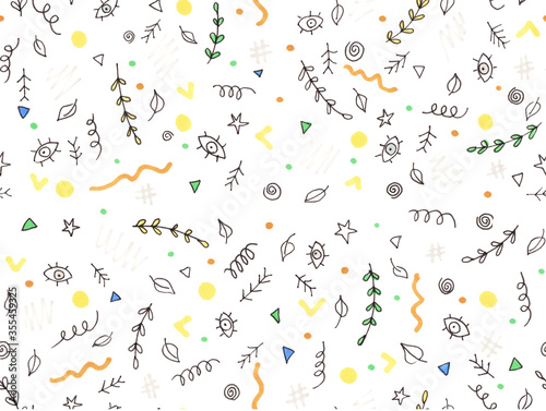 Abstract background with twigs, eyes and geometric shapes. Seamless pattern on a white background.