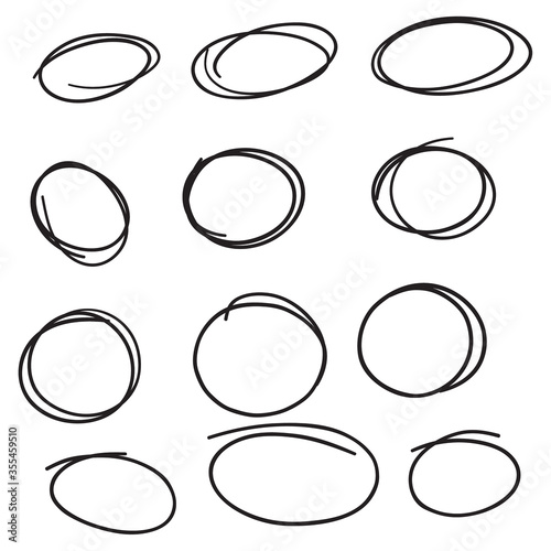Set hand drawn ovals, felt-tip pen circles. Vector collection of scribble black frames.