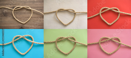 Heart shapes of a rope on different color backgroungs
