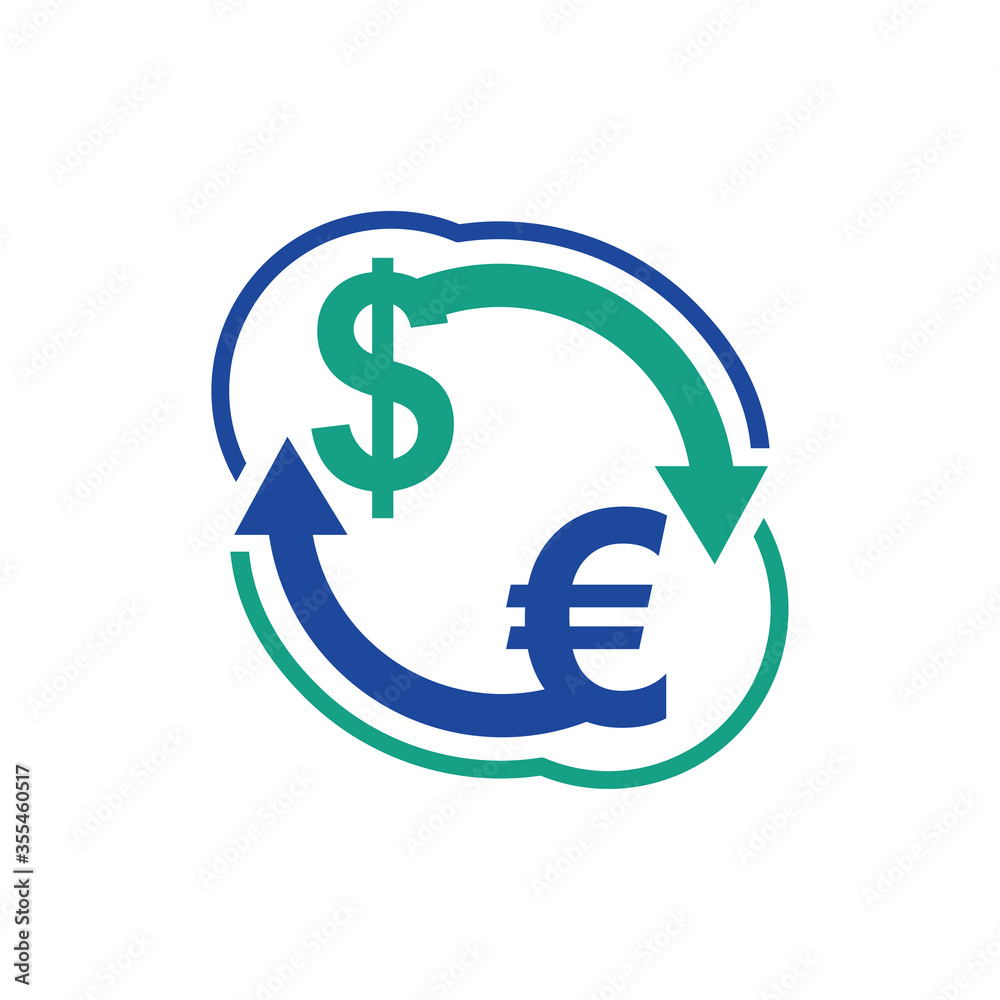 Currency exchange icon or logo template - converting dollar to euro - flat modern vector emblem Currency exchange icon or logo template - converting dollar to euro - flat modern vector emblem
