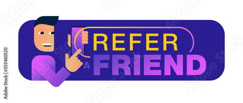 Refer a friend - referral program creative banner - abstract geometric  man holding phone and invites to participate - vector button