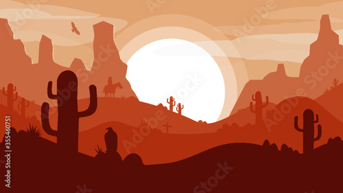Desert background in flat design style on a clear day with a cactus and a cowboy in the background