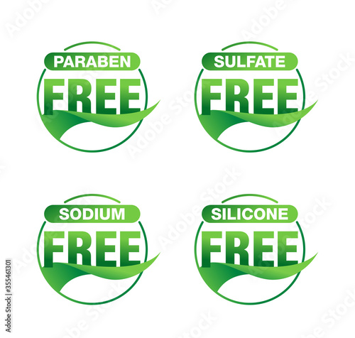 Eco food (or cosmetics) sticker set - Paraben Free, Sulfate Free, Sodium Free, Silicone Free - 100 healthy products icon for packaging