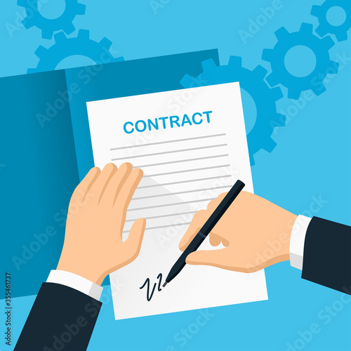 Contract signing and partnership agreement signature concept - isolated illustration with document, hands, pen and creative decoration elements