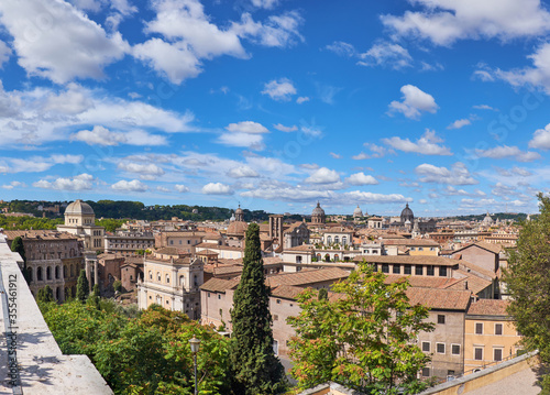 Rome, Italy, areal view to the side of Capitol Hill with rouins of the Roman Forum on the bright day