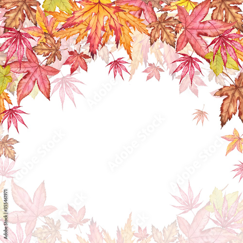 Multicolored autumn card with falling leaves.