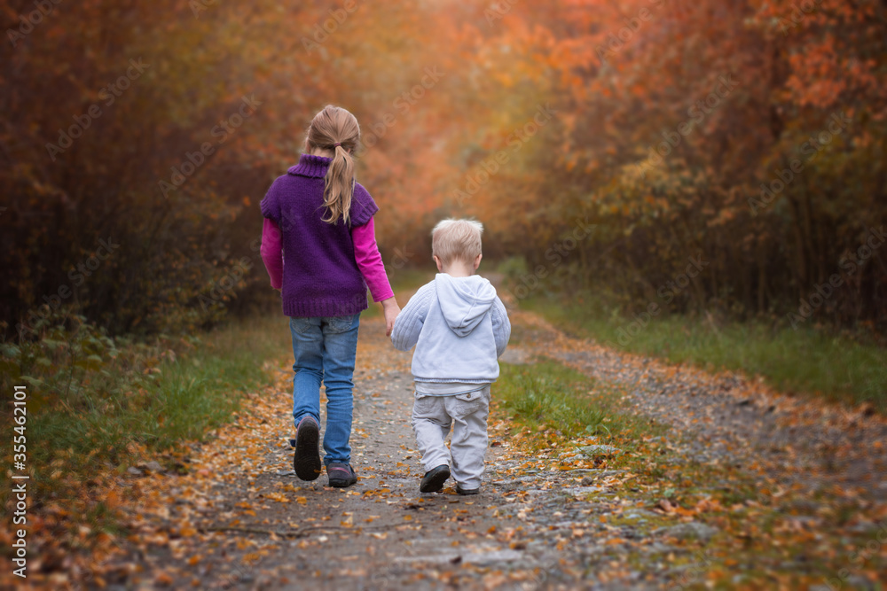 Two siblings wolking in autumn nature, little brother with sister going on path