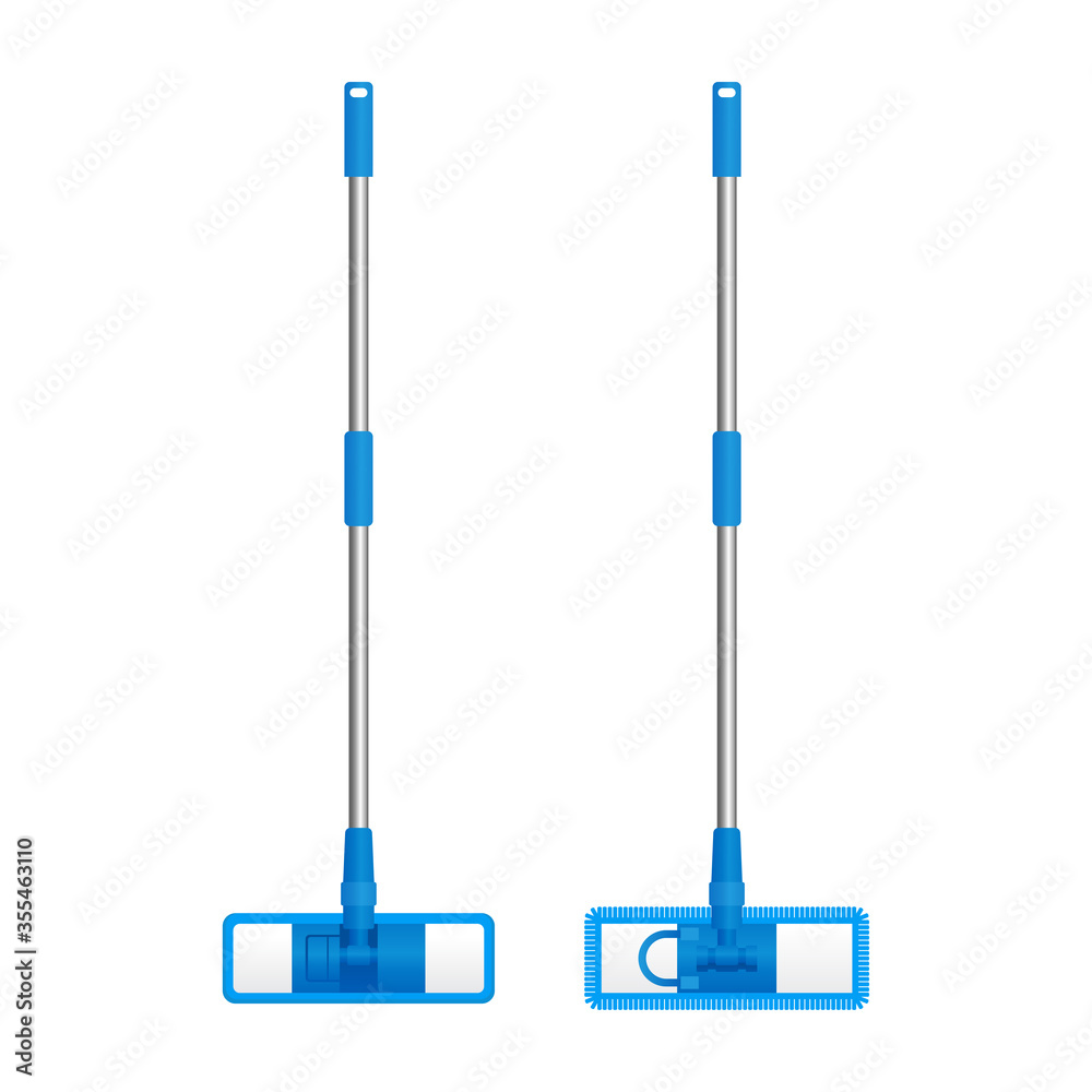 Floor mop with telescopic handle, microfiber and chenille material of refill - vector isolated cleaning equipment Floor mop with telescopic handle, microfiber and chenille material of refill - vector isolated cleaning equipment