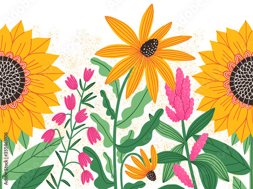 Bright summer flowers, vector seamless decorative background