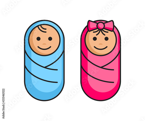 Baby icon in two variations - newborn swaddled boy and girl - flat cartoon little children 