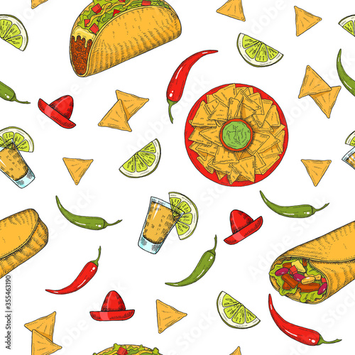 Seamless pattern with hand drawn Mexican food -  chili pepper,  guacamole, lime, jalapenos, nachos, tacos, burritos, tequila on white. Sketch. Cinco de Mayo 