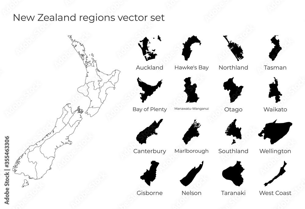 New Zealand map with shapes of regions. Blank vector map of the country with regions. Borders of the country for your infographic. Vector illustration. New Zealand map with shapes of regions. Blank vector map of the country with regions. Borders of the country for your infographic. Vector illustration.