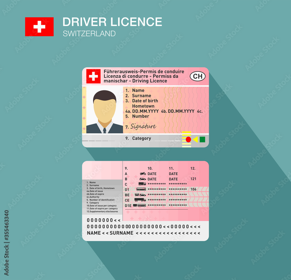 Swiss car driver license identification. Flat vector illustration