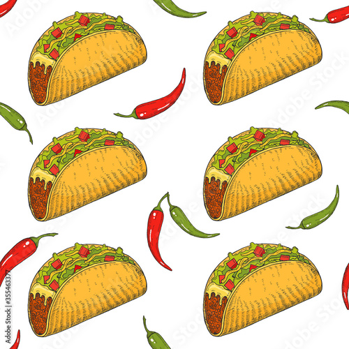 Seamless pattern with hand drawn Mexican food - chili pepper, tacos, burritos isolated on white. Sketch. Cinco de Mayo 
