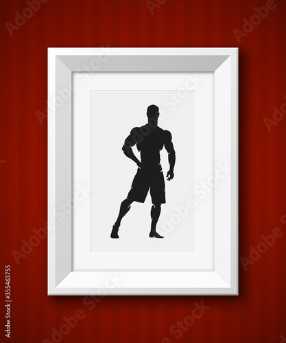 The black silhouette of athletic sports men in a white frame with a strict mat