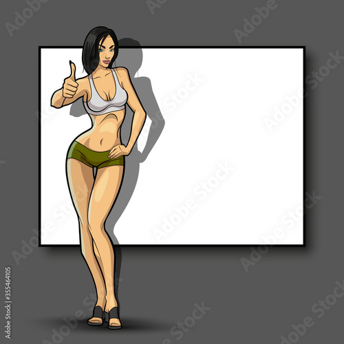 Slim girl on the background of an empty banner. Sexy woman in front of school board. Elegant lady on the background of pure advertising poster