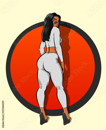Painted girl in round. Comic Lady on circle. Cartoon woman. Drawing sportswoman.