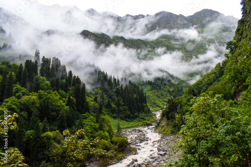 Lush green & rocky mountains valley covered in clouds on a misty morning. Cloudy landscape with beautiful waterfalls captured during monsoon trek to Valley of Flowers National Park,Uttarakhand, India.