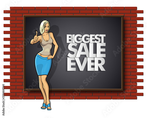 Slim girl on the background "Biggest sale ever" banner. Sexy woman in front of school board banner. Elegant lady on the background sale advertising poster. Advertising discount sale poster