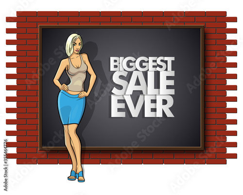 Slim girl on the background "Biggest sale ever" banner. Sexy woman in front of school board banner. Elegant lady on the background sale advertising poster. Advertising discount sale poster