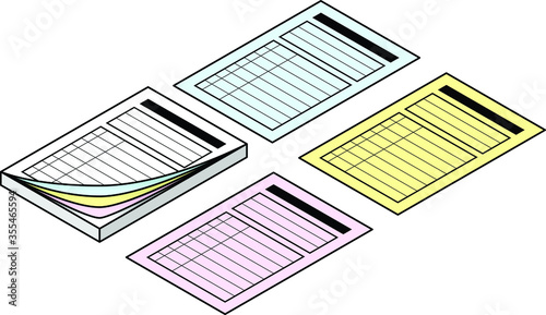 A small carbonless duplicate pad with white, blue, yellow, and pink copies.