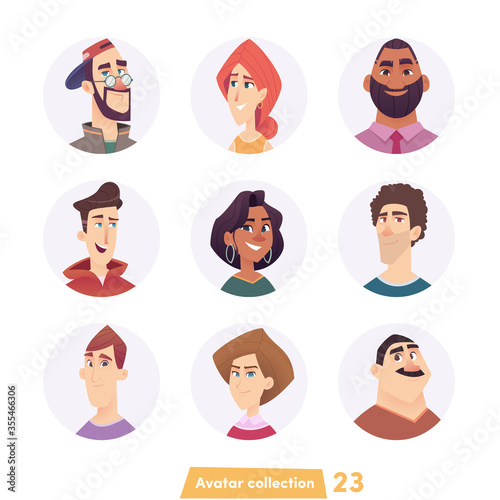 Fototapeta Naklejka Na Ścianę i Meble -  Cheerful young people avatar collection. User faces. Trendy modern style. Flat Cartoon Character design.