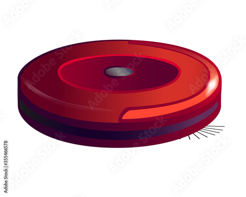 Red  round robot vacuum cleaner - vector full color picture. Robotic  wireless  self-contained red vacuum cleaner. Vacuum cleaner and floor cleaner - household appliances.